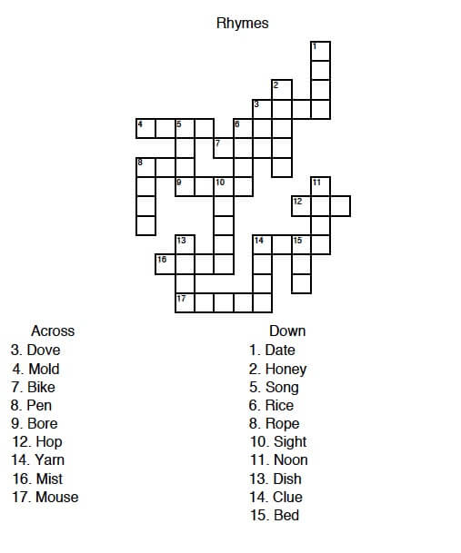 Words That Rhyme Crossword Puzzle