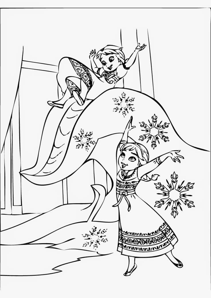 Young Elsa Playing With Anna Coloring Page