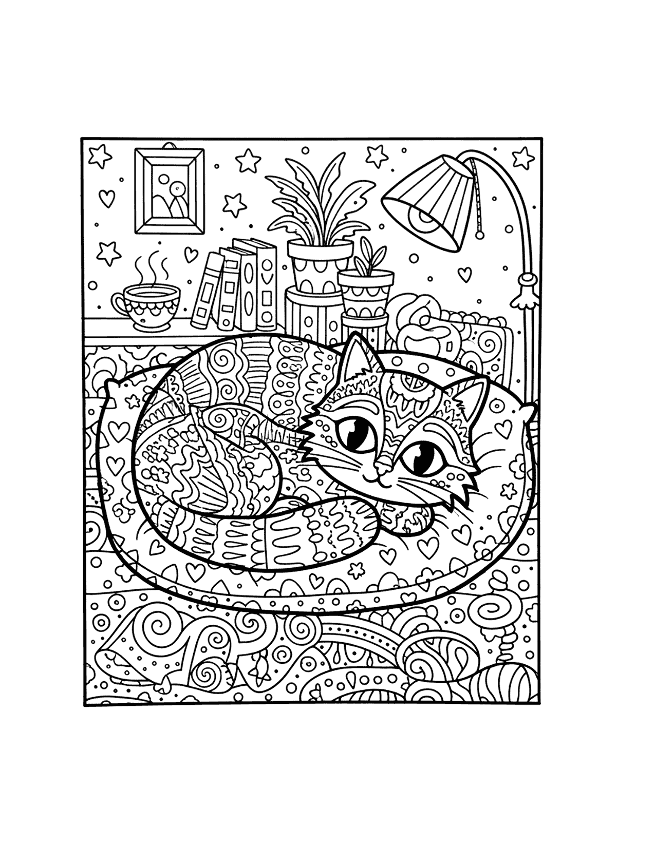 Zen Cat On A Cushion Coloring Page