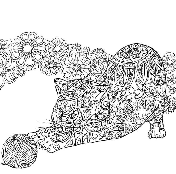 Zen Cat With Yarnball Adult Coloring Page