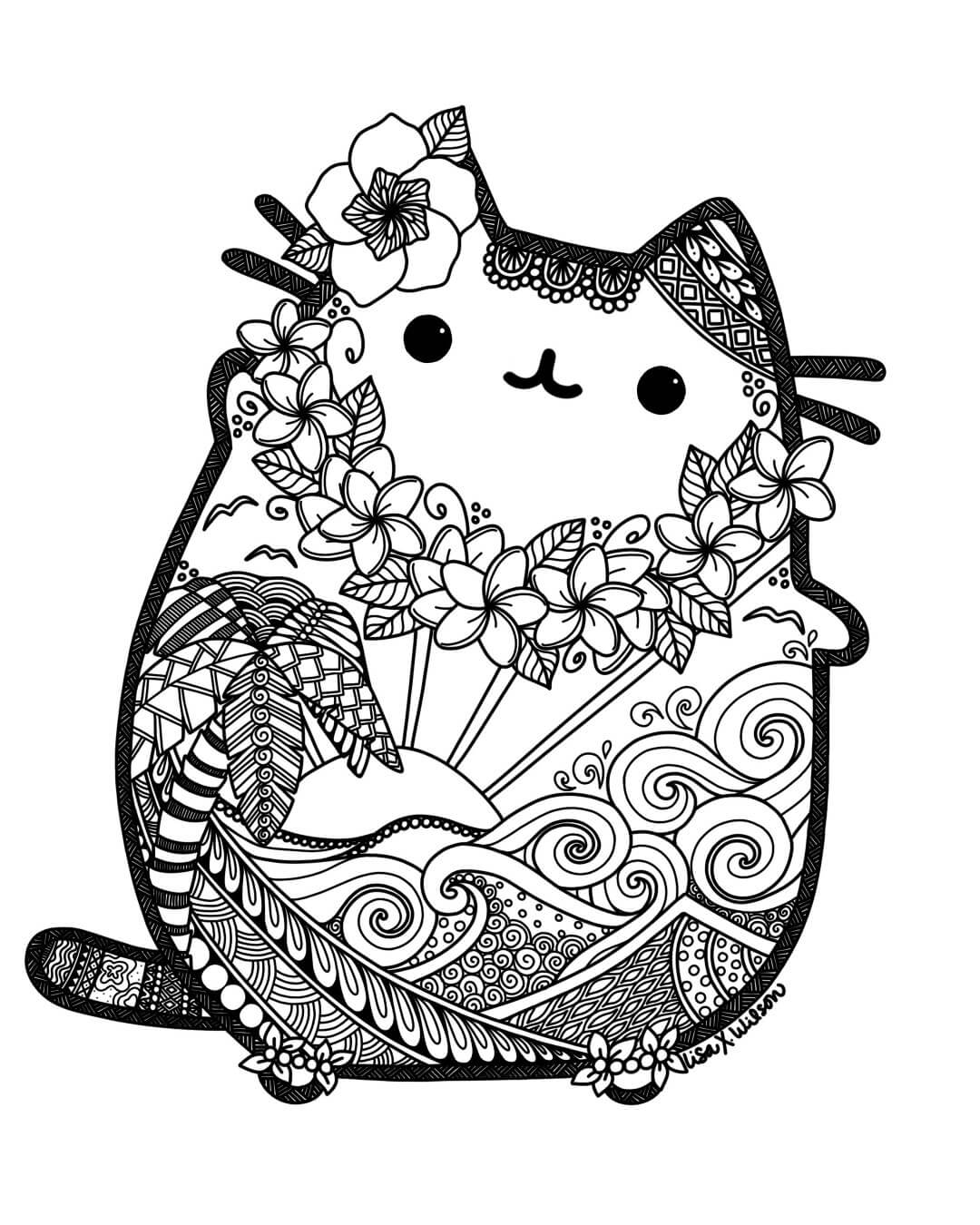 Zen Pusheen Hawaiian Cat Coloring Page
